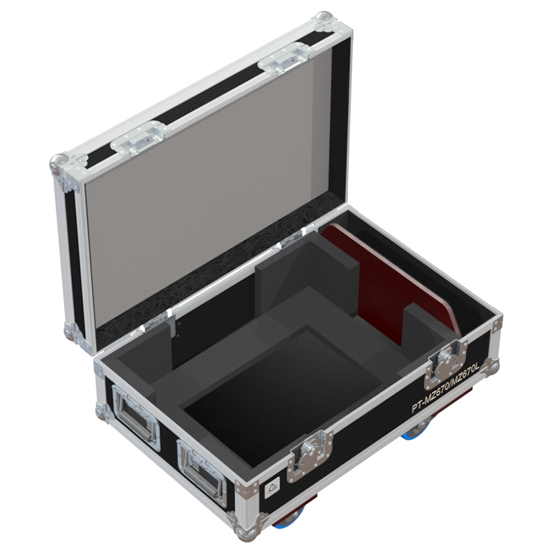 Open view of the projector flight case interior highlighting the custom shock-absorbing foam lining precisely engineered for the Panasonic PT-MZ670/MZ670L optics and chassis