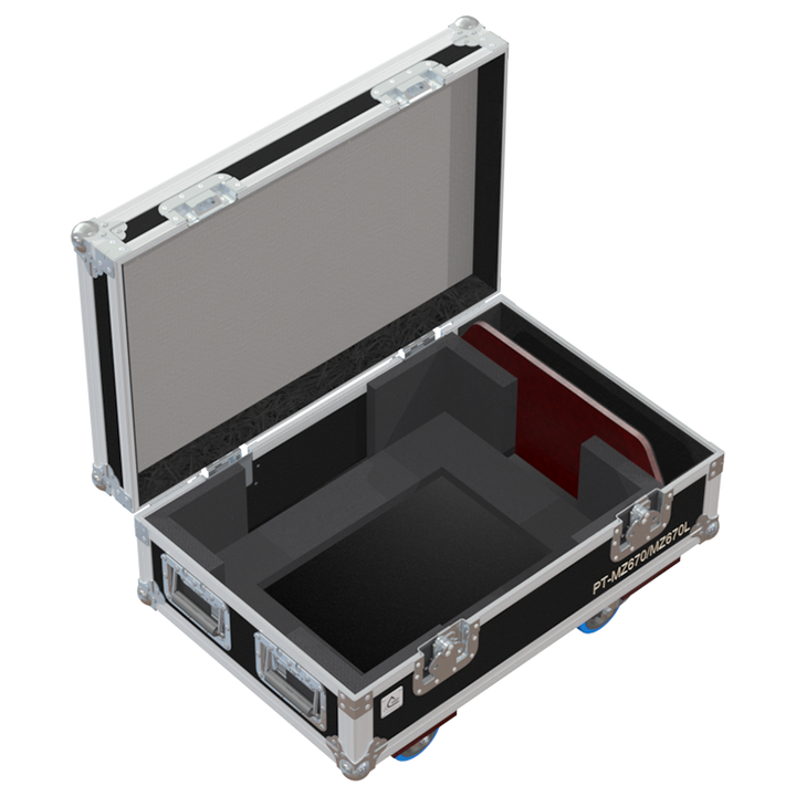Open view of the projector flight case interior highlighting the custom shock-absorbing foam lining precisely engineered for the Panasonic PT-MZ670/MZ670L optics and chassis