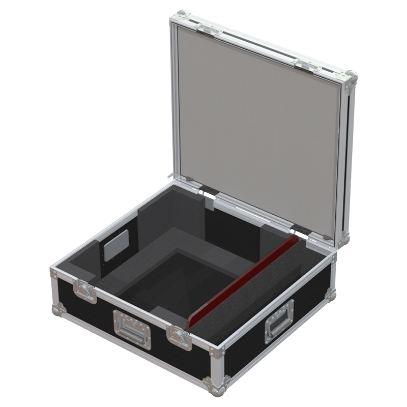 Open view of the projector flight case interior highlighting the custom shock-absorbing foam lining precisely engineered for the Panasonic PT-RCQ80 optics and chassis