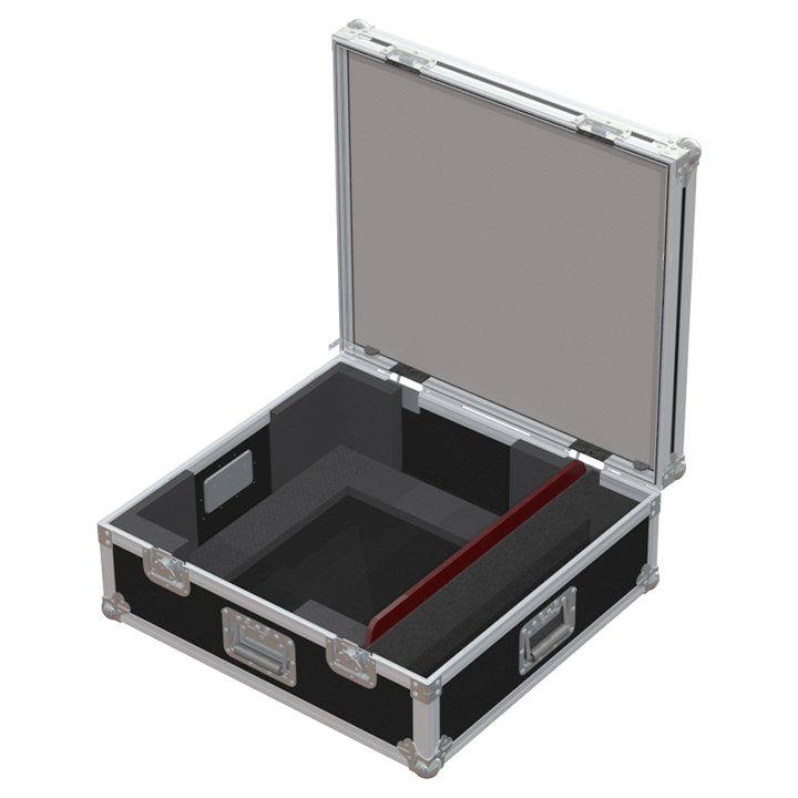 Open view of the projector flight case interior highlighting the custom shock-absorbing foam lining precisely engineered for the Panasonic PT-RCQ80 optics and chassis