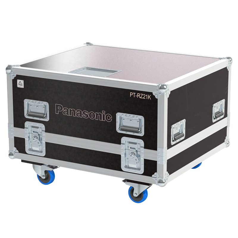 Exterior front view of the professional Panasonic PT-RZ21K and frame flight case featuring 10mm Birch Plywood, durable PVC finish, and heavy-duty 100mm wheels by ALP Flight Cases