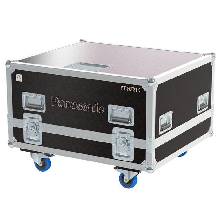 Exterior front view of the professional Panasonic PT-RZ21K and frame flight case featuring 10mm Birch Plywood, durable PVC finish, and heavy-duty 100mm wheels by ALP Flight Cases