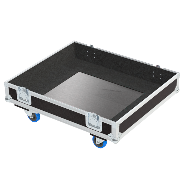 Open view of the projector flight case interior highlighting the custom shock-absorbing foam lining precisely engineered for the Panasonic PT-RZ21K mounted in its frame