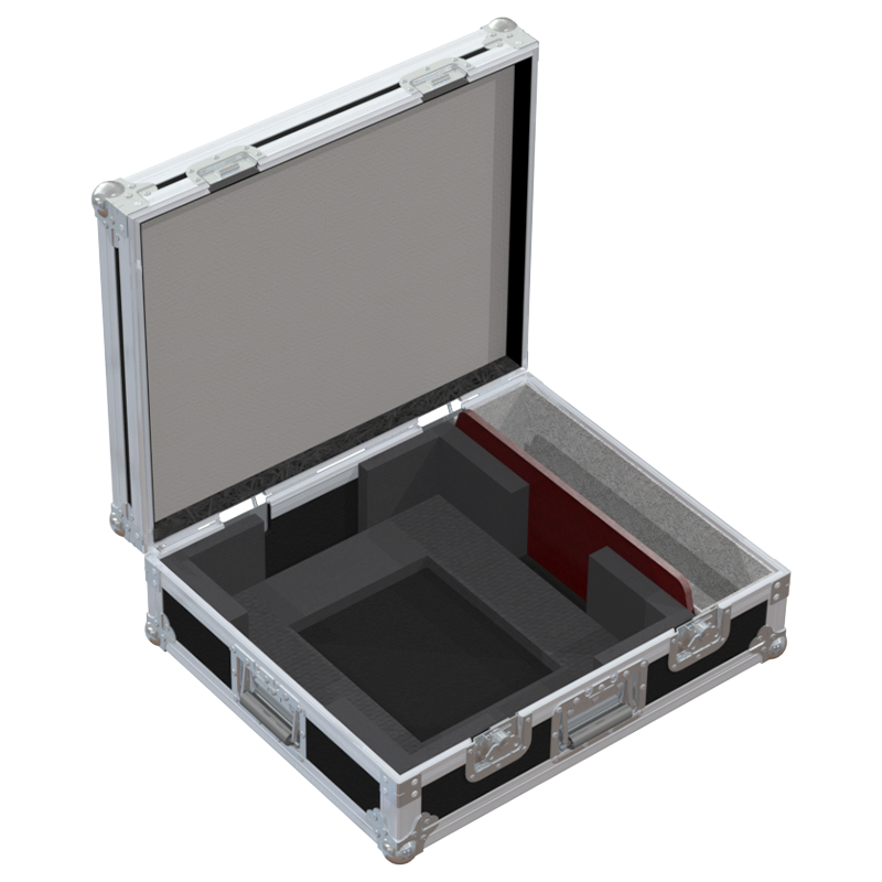 Open view of the projector flight case interior highlighting the custom shock-absorbing foam lining precisely engineered for the Panasonic PT-RZ470/RW430 optics and chassis