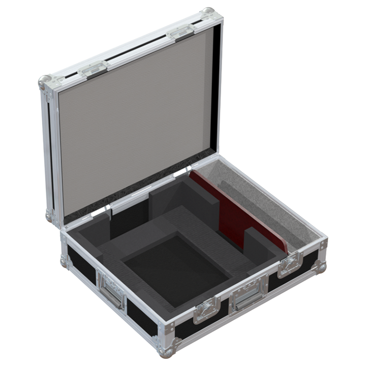 Open view of the projector flight case interior highlighting the custom shock-absorbing foam lining precisely engineered for the Panasonic PT-RZ470/RW430 optics and chassis