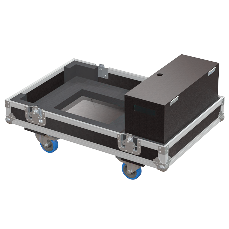 Open view of the projector flight case interior highlighting the custom shock-absorbing foam lining precisely engineered for the Panasonic PT-RZ990 chassis