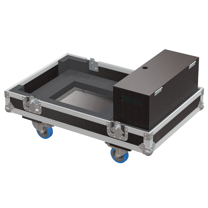 Open view of the projector flight case interior highlighting the custom shock-absorbing foam lining precisely engineered for the Panasonic PT-RZ990 chassis