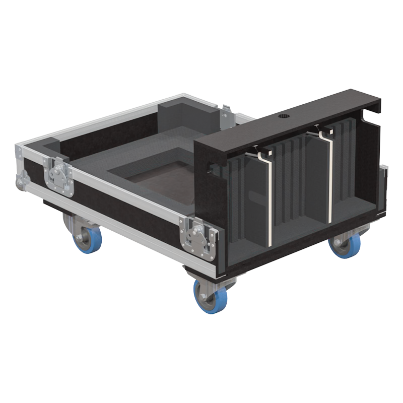 Close-up of the heavy-duty 100mm swivel castors, including the quick-lock braking mechanism, ensuring safe mobility across venue surfaces for heavy equipment