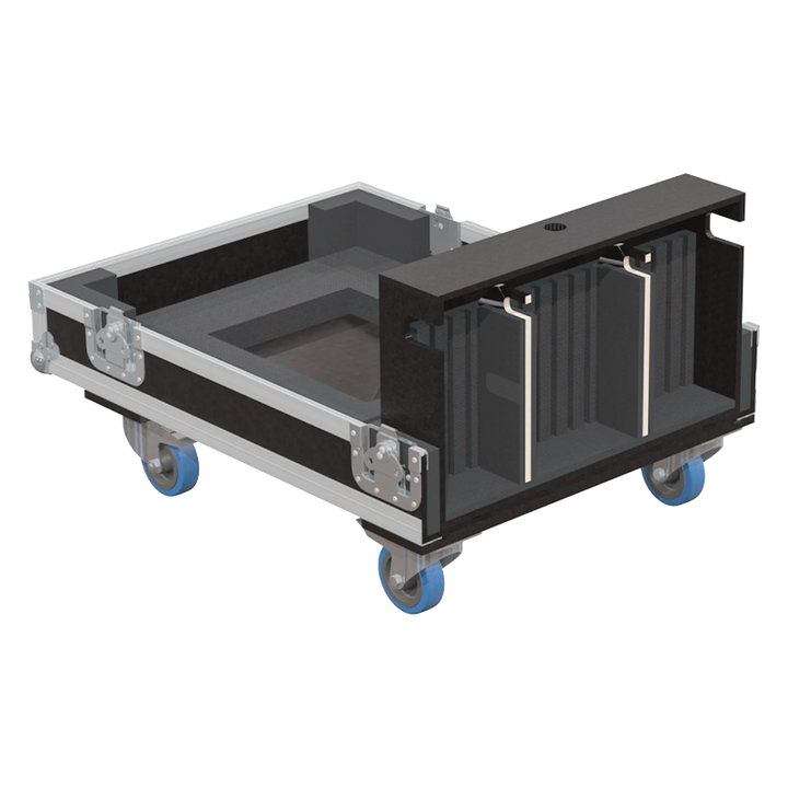 Close-up of the heavy-duty 100mm swivel castors, including the quick-lock braking mechanism, ensuring safe mobility across venue surfaces for heavy equipment