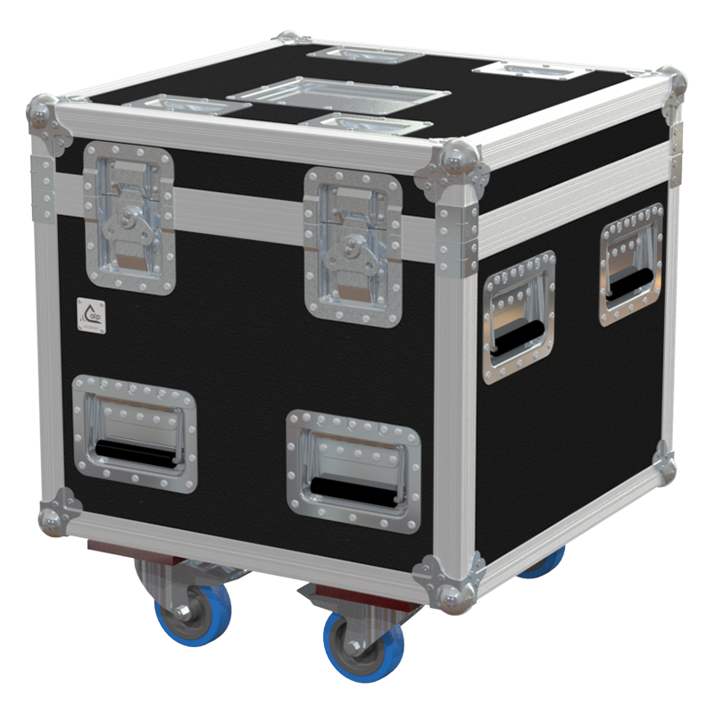 Front view of ALP professional flight case for 1x Prolyft PLE 12 motor with wheels
