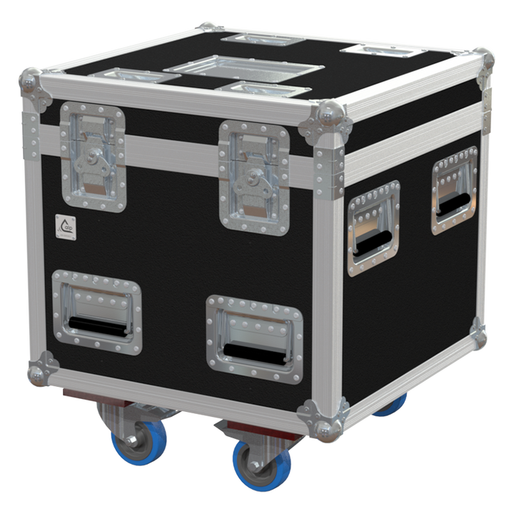 Front view of ALP professional flight case for 1x Prolyft PLE 12 motor with wheels