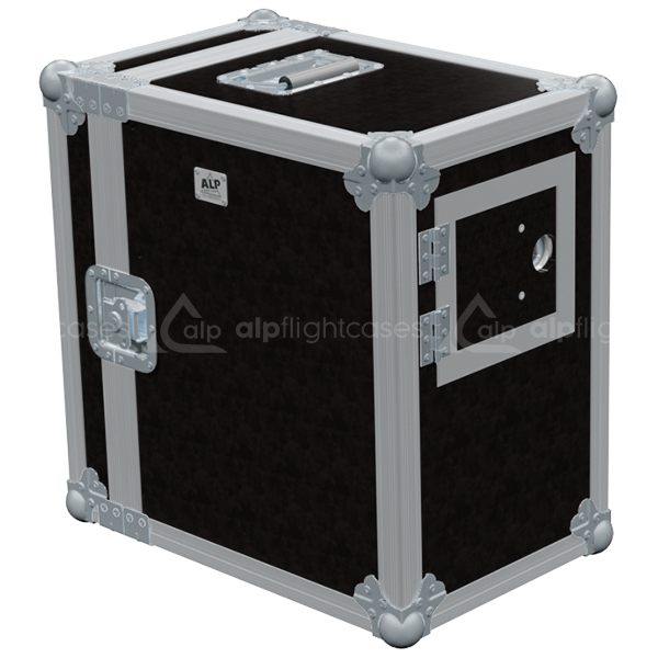 Exterior front view of the standard 1D 10 inch rack with integrated 4U drawer and brown phenolic finish by ALP Flight Cases