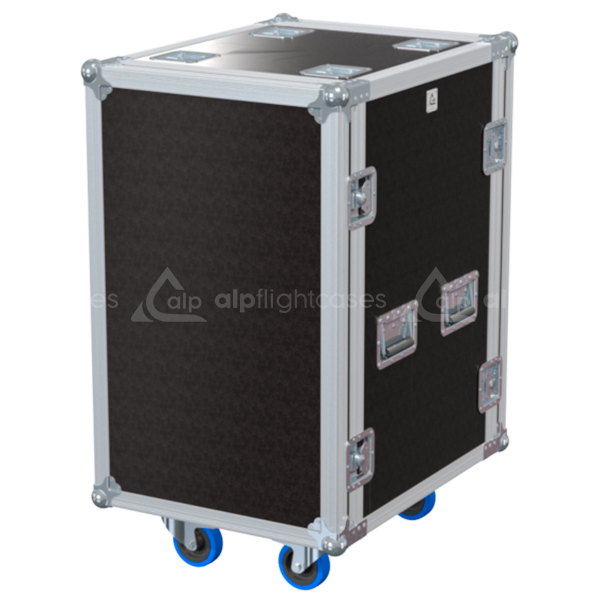 Front view of the professional Rack 2D 19 inch 18U 550mm depth flight case with wheels by ALP Flight Cases