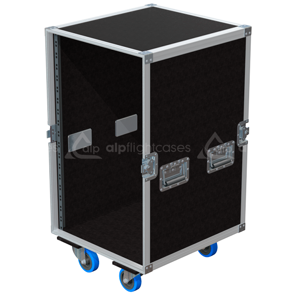 Empty interior of the 18U 550mm rack flight case highlighting the front and rear 19 inch rack plumb columns