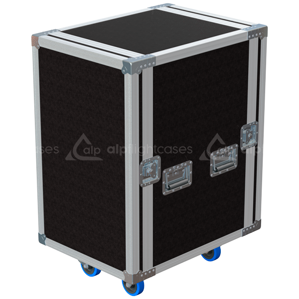Side view of the 18U 2D rack case showing the brown phenolic finishing, 9mm plywood construction and rolling castors