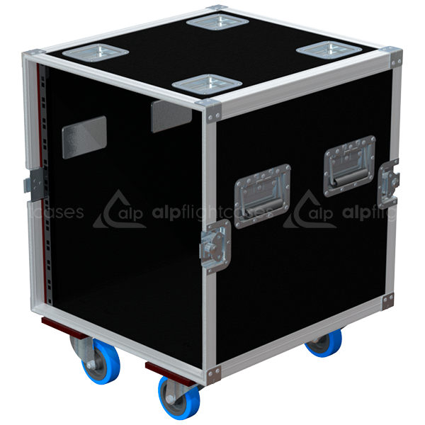 Empty interior of the 12U 550mm rack flight case highlighting the front and rear 19 inch rack plumb columns