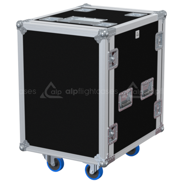 Front view of the professional Rack 2D PRO 19 inch 14U 550mm depth flight case with wheels by ALP Flight Cases