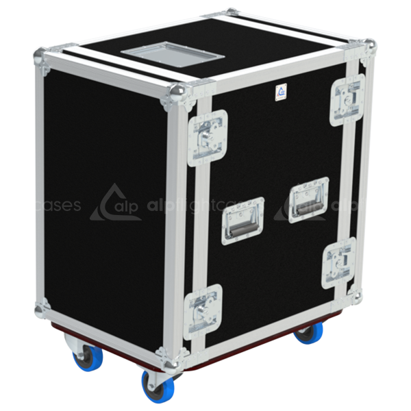 Front view of the professional Rack 2D PRO 19 inch 16U 550mm depth flight case with wheels by ALP Flight Cases