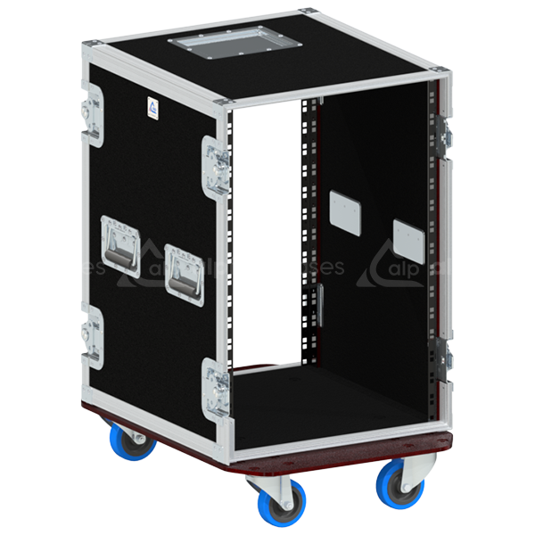 Empty interior of the 16U 550mm rack flight case highlighting the front and rear 19 inch rack plumb columns