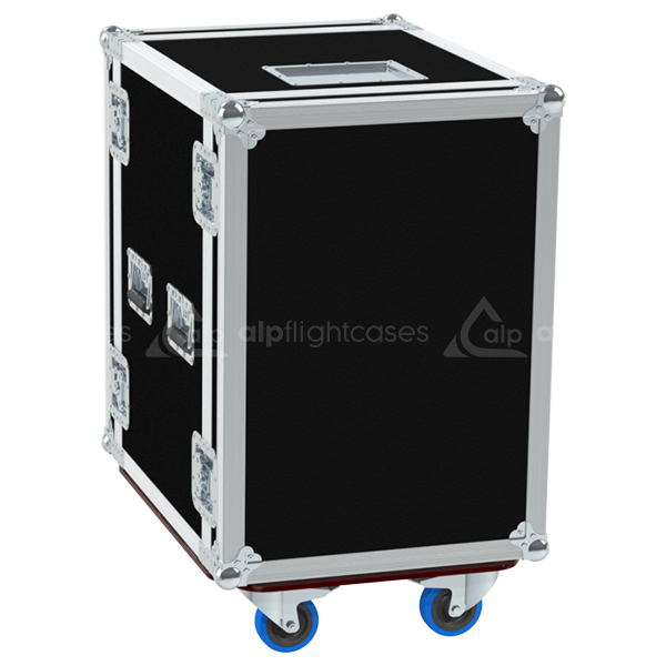 Side view of the 16U 2D PRO rack case showing the PVC finishing, 10mm plywood construction, rolling castors and tour label dish