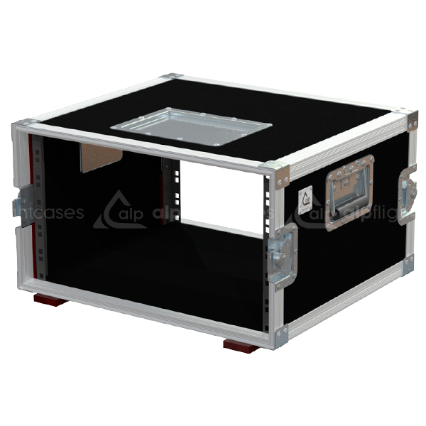 Empty interior of the 6U 450mm rack flight case highlighting the front and rear 19 inch rack plumb columns