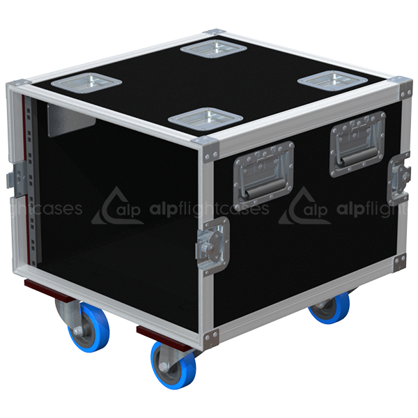 Empty interior of the 8U 550mm rack flight case highlighting the front and rear 19 inch rack plumb columns