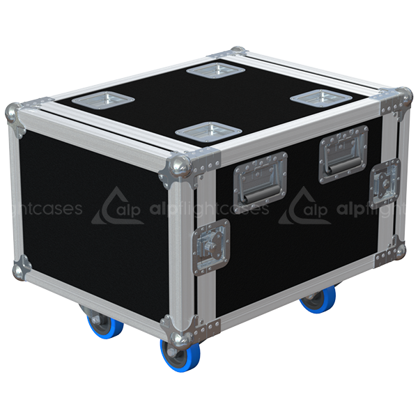 Side view of the 8U 2D PRO rack case showing the PVC finishing, 10mm plywood construction, rolling castors and stacking dishes