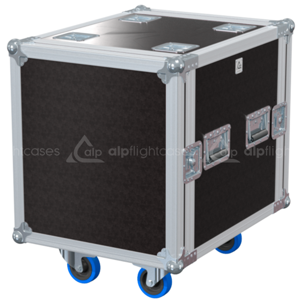 Front view of the professional 12U 19 inch touring rack case with heavy duty rolling wheels by ALP Flight Cases