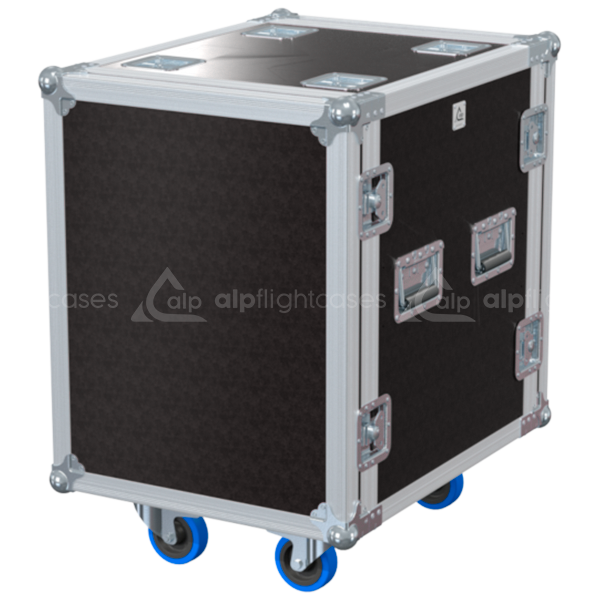 Front view of the professional Rack 2D STD 19 inch 14U 550mm depth flight case with wheels by ALP Flight Cases