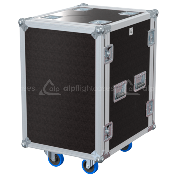 Front view of the professional Rack 2D STD 19 inch 16U 550mm depth flight case with wheels by ALP Flight Cases
