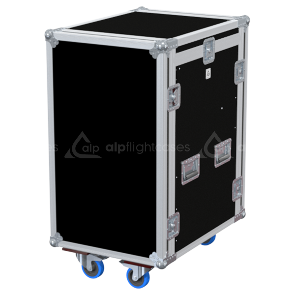 Exterior front view of the double-wide 3D 19 inch rack 16U 12U with PVC finish and wheels by ALP Flight Cases