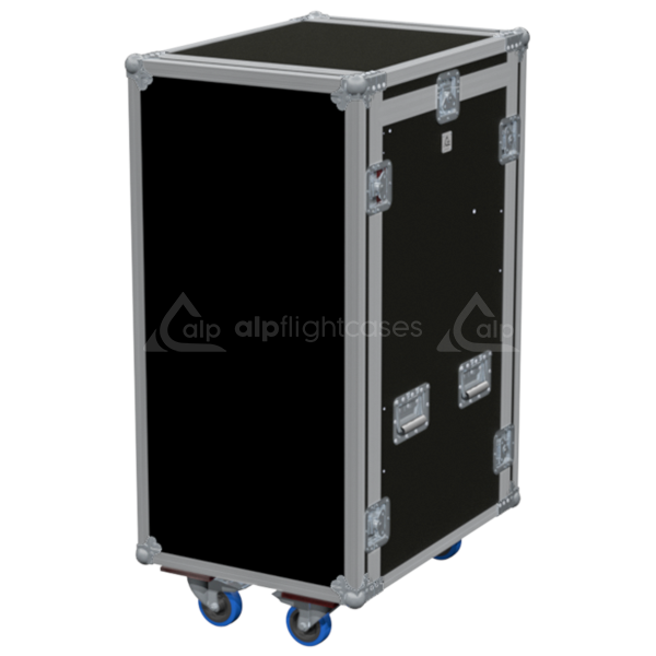 Exterior front view of the massive 3D PRO 19 inch rack 20U 12U with PVC finish and wheels by ALP Flight Cases