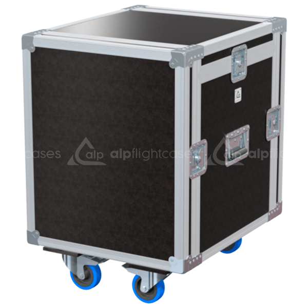 Exterior front view of the compact 3D 19 inch rack 10U 10U finished in brown phenolic with wheels by ALP Flight Cases
