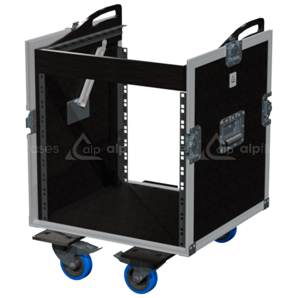 Open view of the 3D rack flight case demonstrating the 10U front and 10U top mounting capabilities for mixing consoles