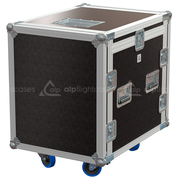 Exterior front view of the compact 3D 19 inch rack 10U 10U finished in brown phenolic with wheels by ALP Flight Cases