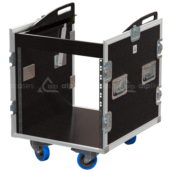 Open view of the 3D rack flight case demonstrating the 10U front and 10U top mounting capabilities for mixing consoles