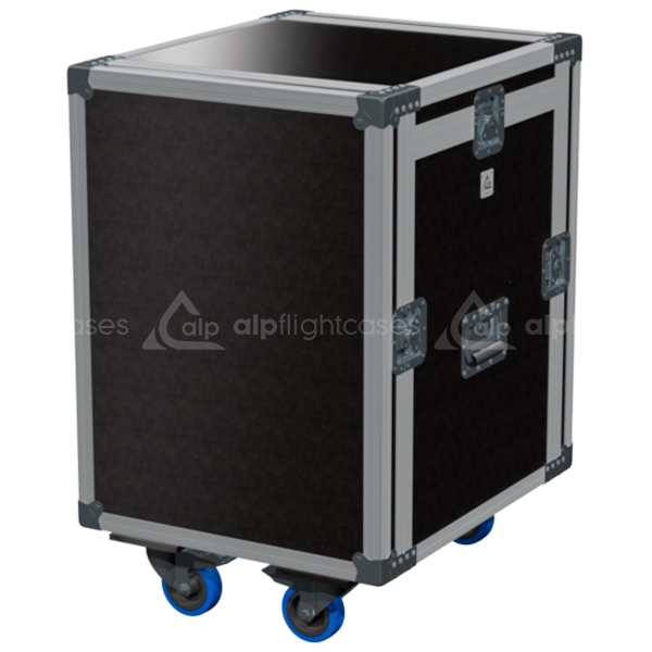 Exterior front view of the 3D 19 inch rack 12U 10U finished in brown phenolic with wheels by ALP Flight Cases