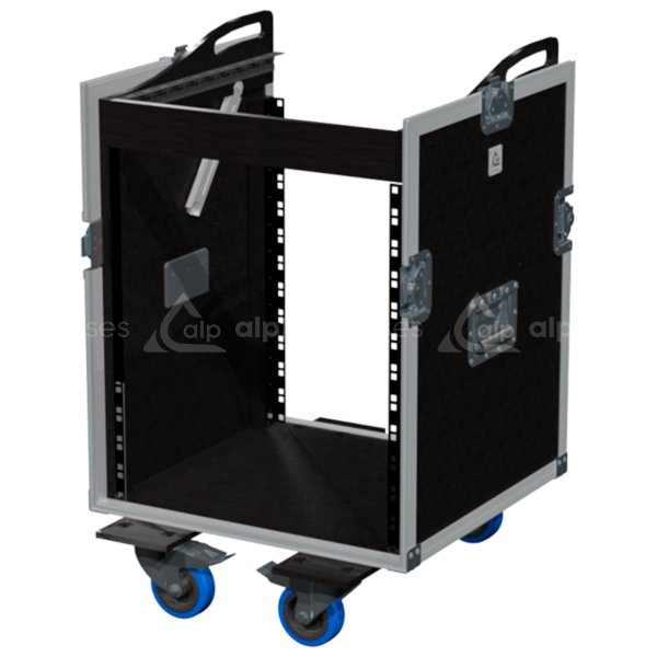 Open view of the 3D rack flight case demonstrating the 12U front and 10U top mounting capabilities for audio and lighting consoles