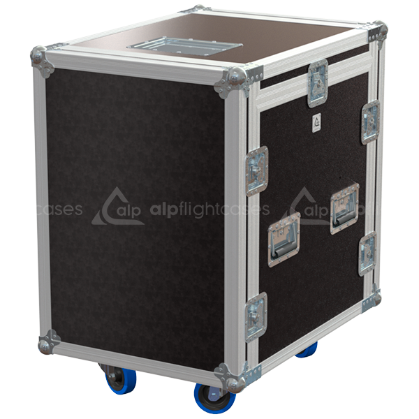 Exterior front view of the 3D 19 inch rack 12U 12U finished in brown phenolic with wheels by ALP Flight Cases