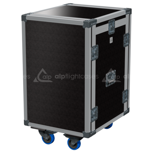 Exterior front view of the 3D 19 inch rack 12U 12U finished in brown phenolic with wheels by ALP Flight Cases