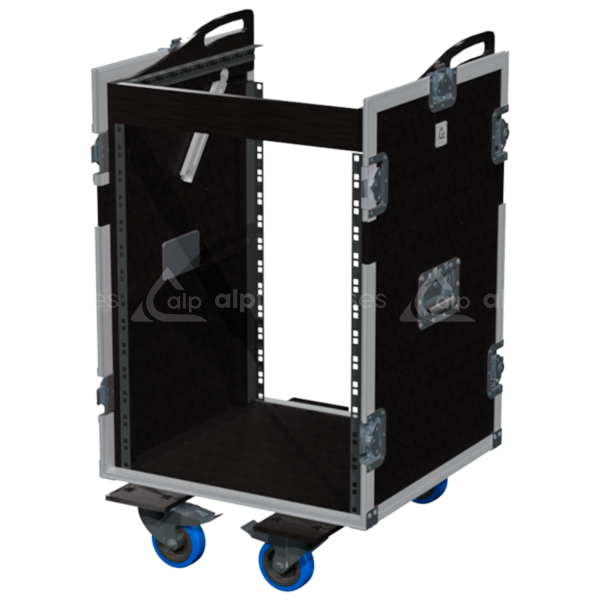 Open view of the 3D rack flight case demonstrating the 12U front and 12U top mounting capabilities for mixing consoles