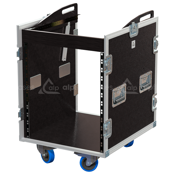 Open view of the 3D rack flight case demonstrating the 12U front and 12U top mounting capabilities for mixing consoles