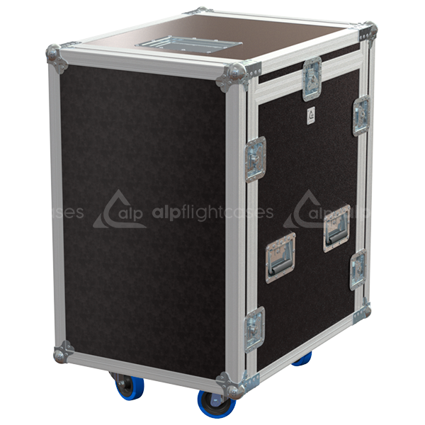 Exterior front view of the 3D 19 inch rack 14U 12U finished in brown phenolic with wheels by ALP Flight Cases