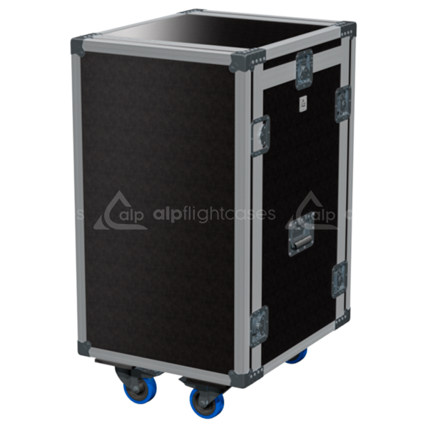 Exterior front view of the 3D 19 inch rack 16U 10U finished in brown phenolic with wheels by ALP Flight Cases