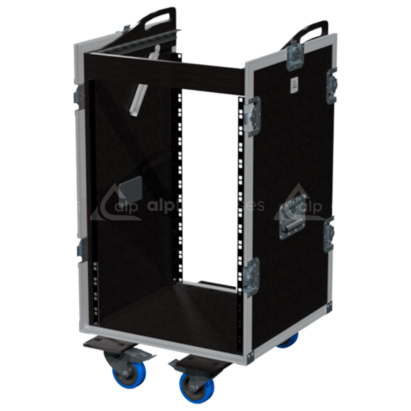 Open view of the 3D rack flight case demonstrating the 16U front and 10U top mounting capabilities for mixing consoles