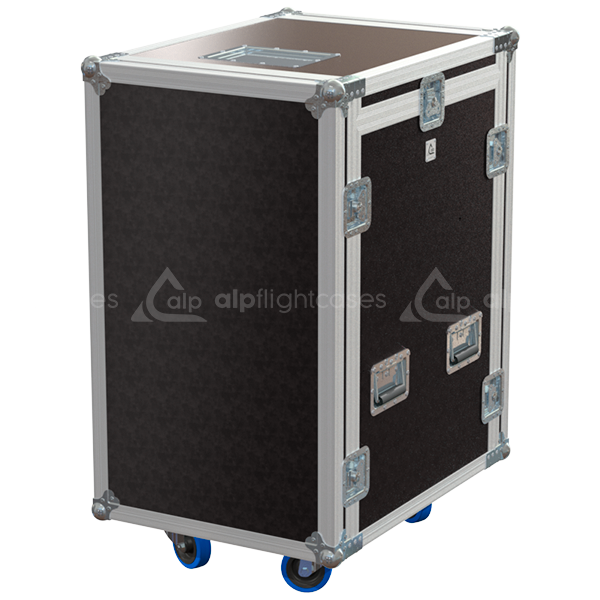 Exterior front view of the 3D 19 inch rack 16U 12U finished in brown phenolic with wheels by ALP Flight Cases