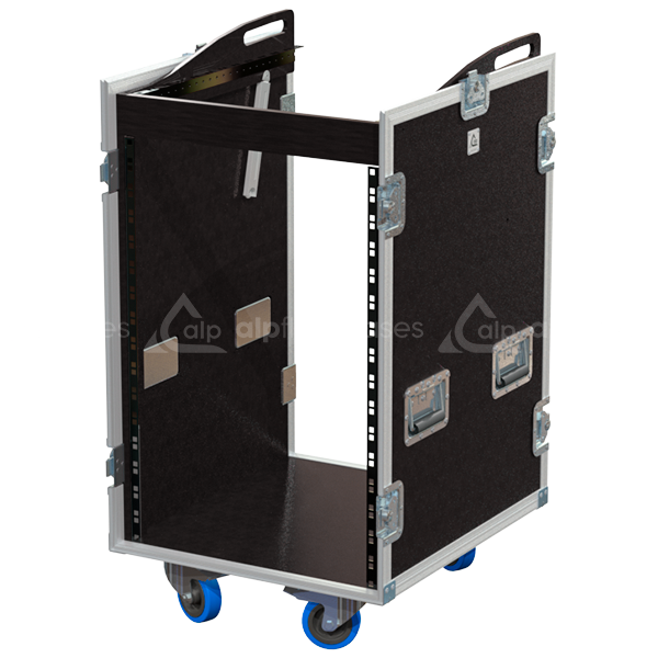 Open view of the 3D rack flight case demonstrating the 16U front and 12U top mounting capabilities