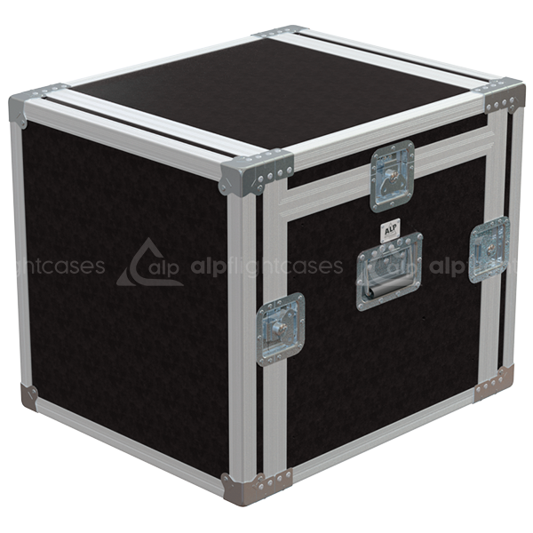 Exterior front view of the compact 3D 19 inch rack 8U 10U finished in brown phenolic by ALP Flight Cases