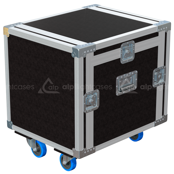 Exterior front view of the compact 3D 19 inch rack 8U 10U finished in brown phenolic with wheels by ALP Flight Cases