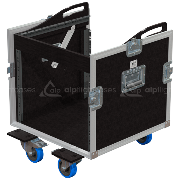 Open view of the 3D rack flight case demonstrating the 8U front and 10U top mounting capabilities for compact mixing consoles